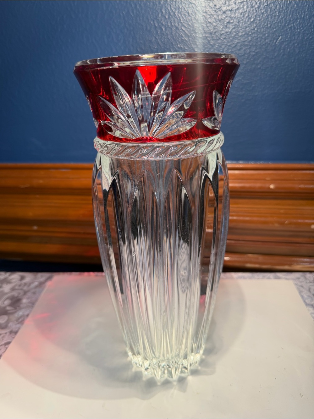 Vintage Mikasa Corinth Ruby Vase Red Rim with Cut Fan Designs Crystal Base